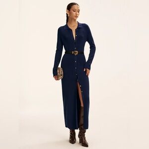 Commense‎ Navy Ribbed Knit Maxi Dress Long Sleeve Button Front Sweater Dress S